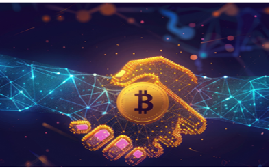 Digital illustration of a handshake made of network lines with a Bitcoin symbol in the center, representing cryptocurrency exchange or blockchain technology.