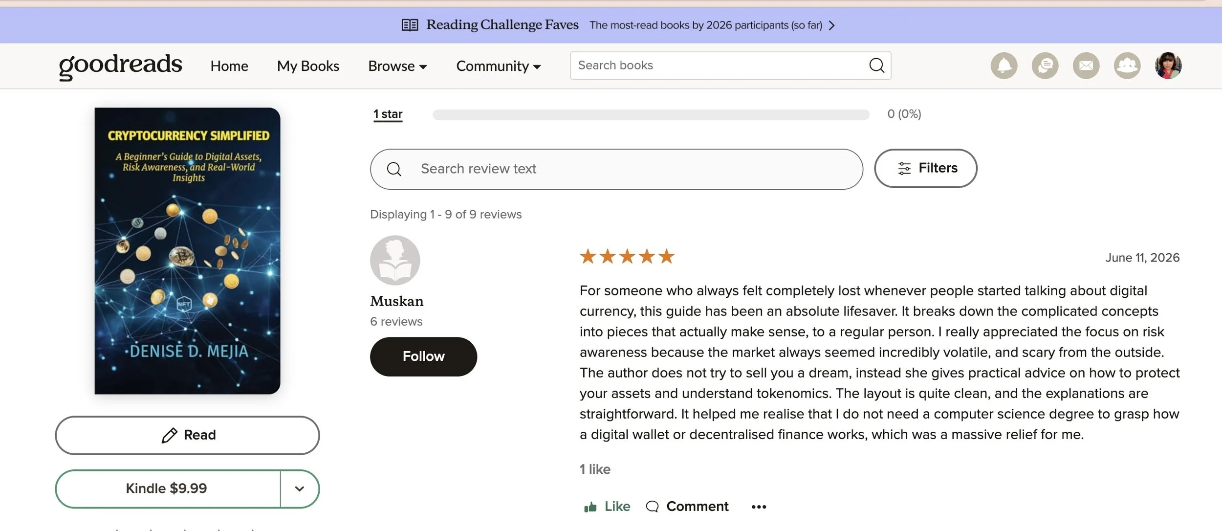 Screenshot of a Goodreads book page displaying the book 'Cryptocurrency Simplified' by Denise D. Mejia with a cover image featuring a digital network with crypto coins, a list of reviews, and buying options.
