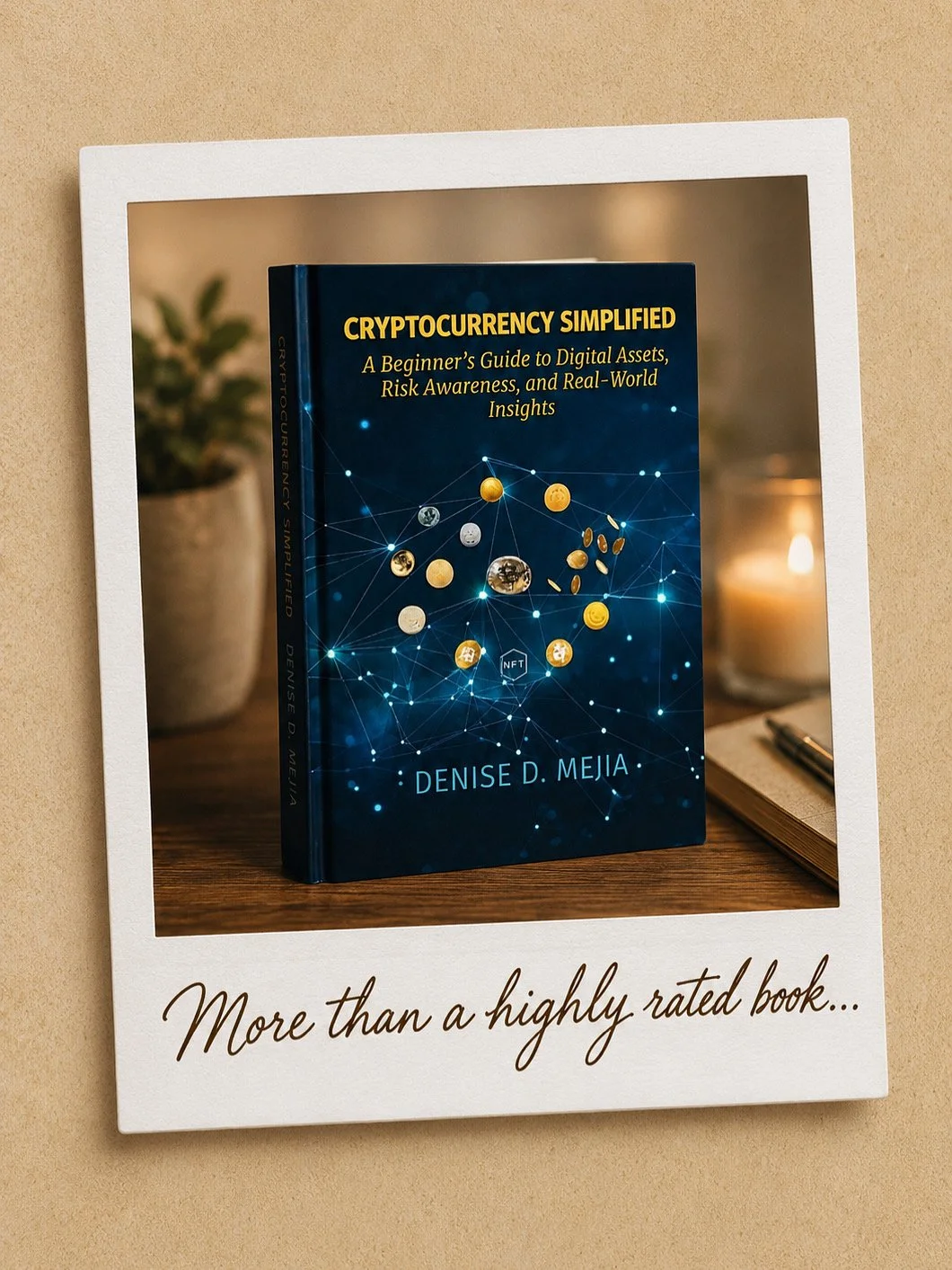 A book titled 'Cryptocurrency Simplified' by Denise D. Mejia, placed inside a white frame with the caption 'More than a highly rated book...' written at the bottom.