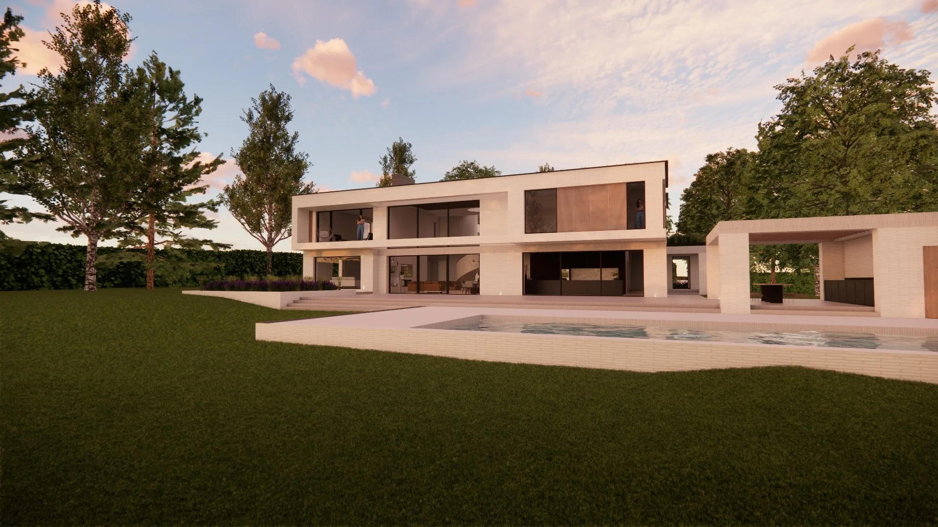 Modern white two-story house with large windows, patio, swimming pool, and surrounding greenery, during sunset.