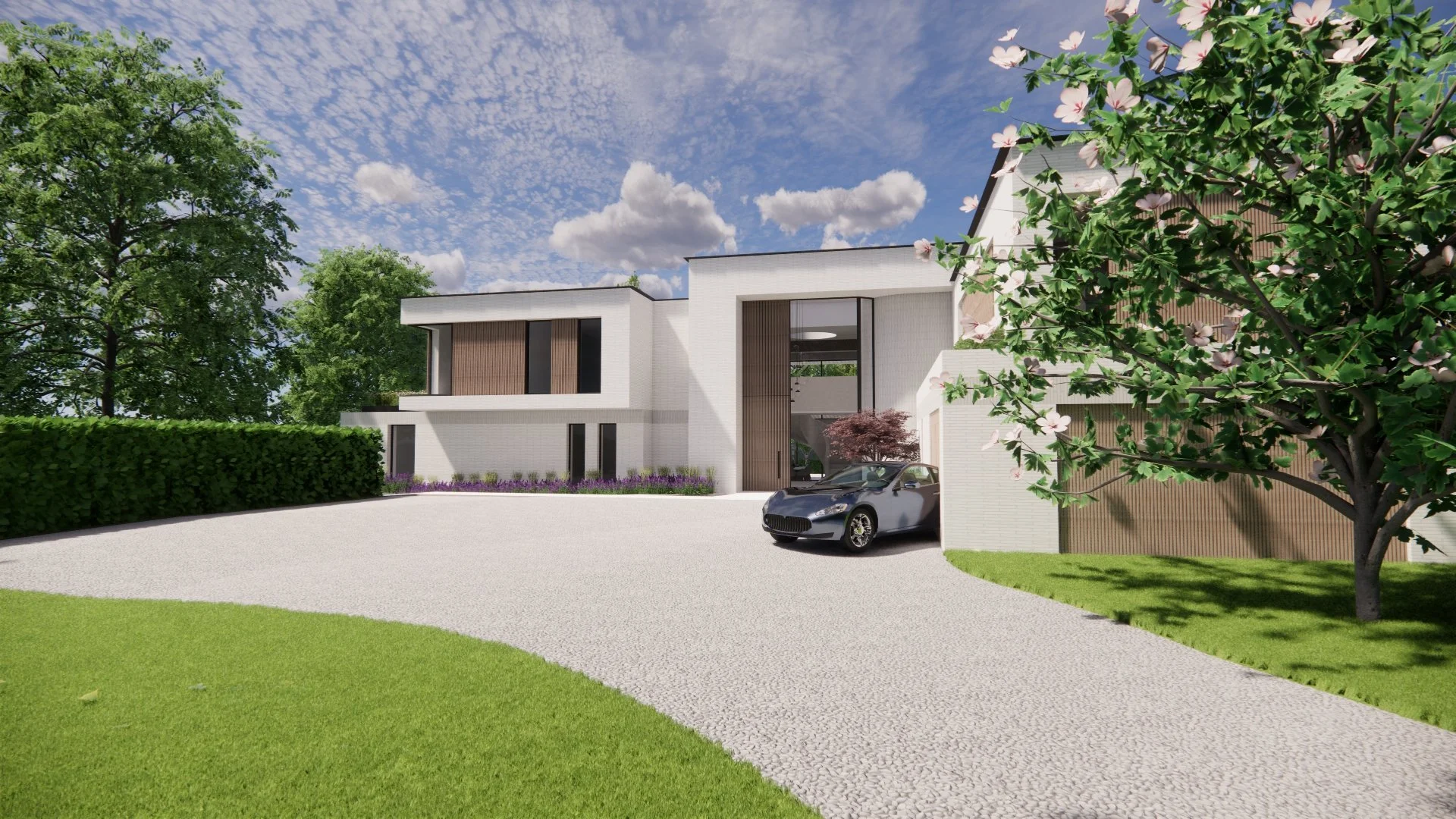 Modern white house with unique architecture, featuring large glass windows, wooden accents, and a driveway with a gray sports car parked outside. The garden has green grass, blooming trees with white and pink flowers, and bushes, under a partly cloud