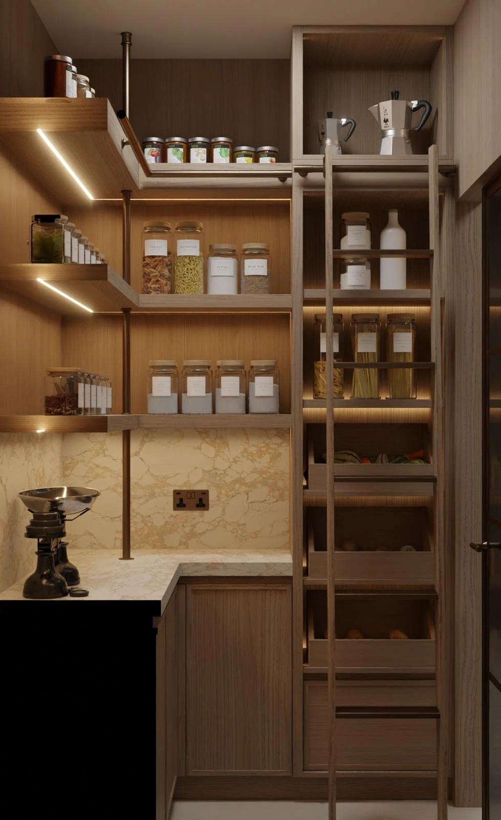 A wooden cabinet with open shelves displaying jars of herbs and spices, a small coffee grinder, a marble countertop, and a ladder for reaching the higher shelves.