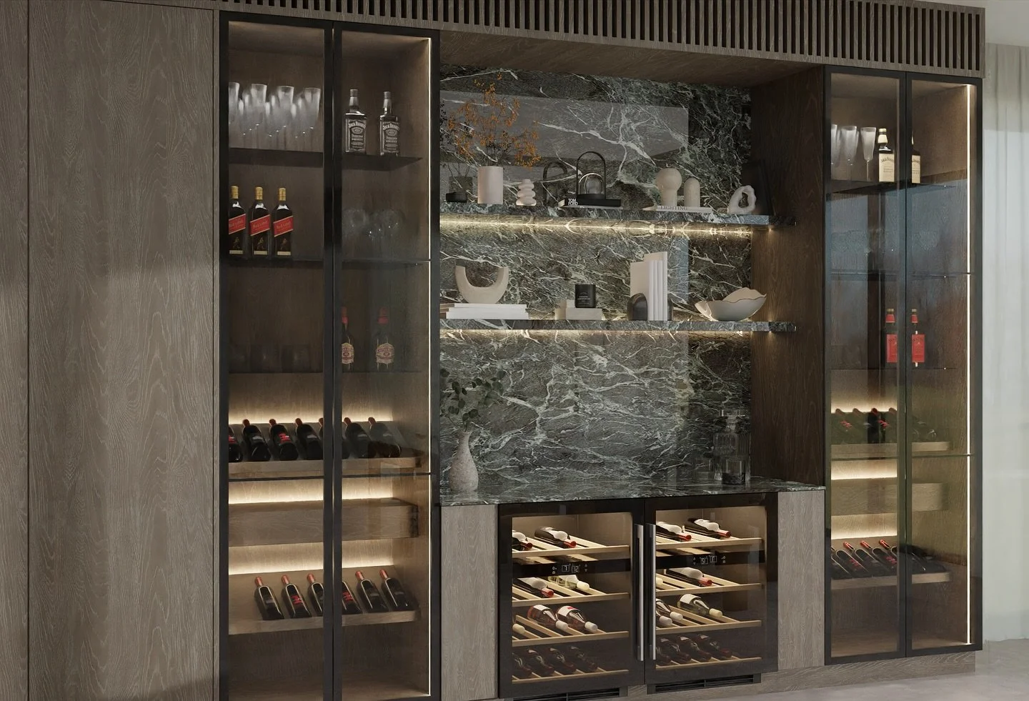 Modern wine display cabinet with glass doors and shelves holding wine bottles and glasses, with decorative items and stone accents.