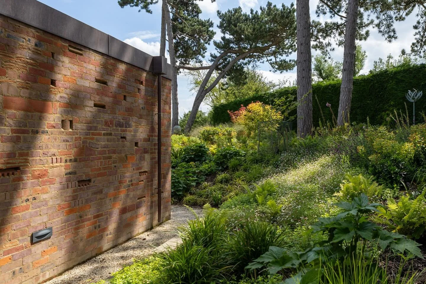 Side yard with a brick wall on the left, lush green plants, and trees in the background on a sunny day.