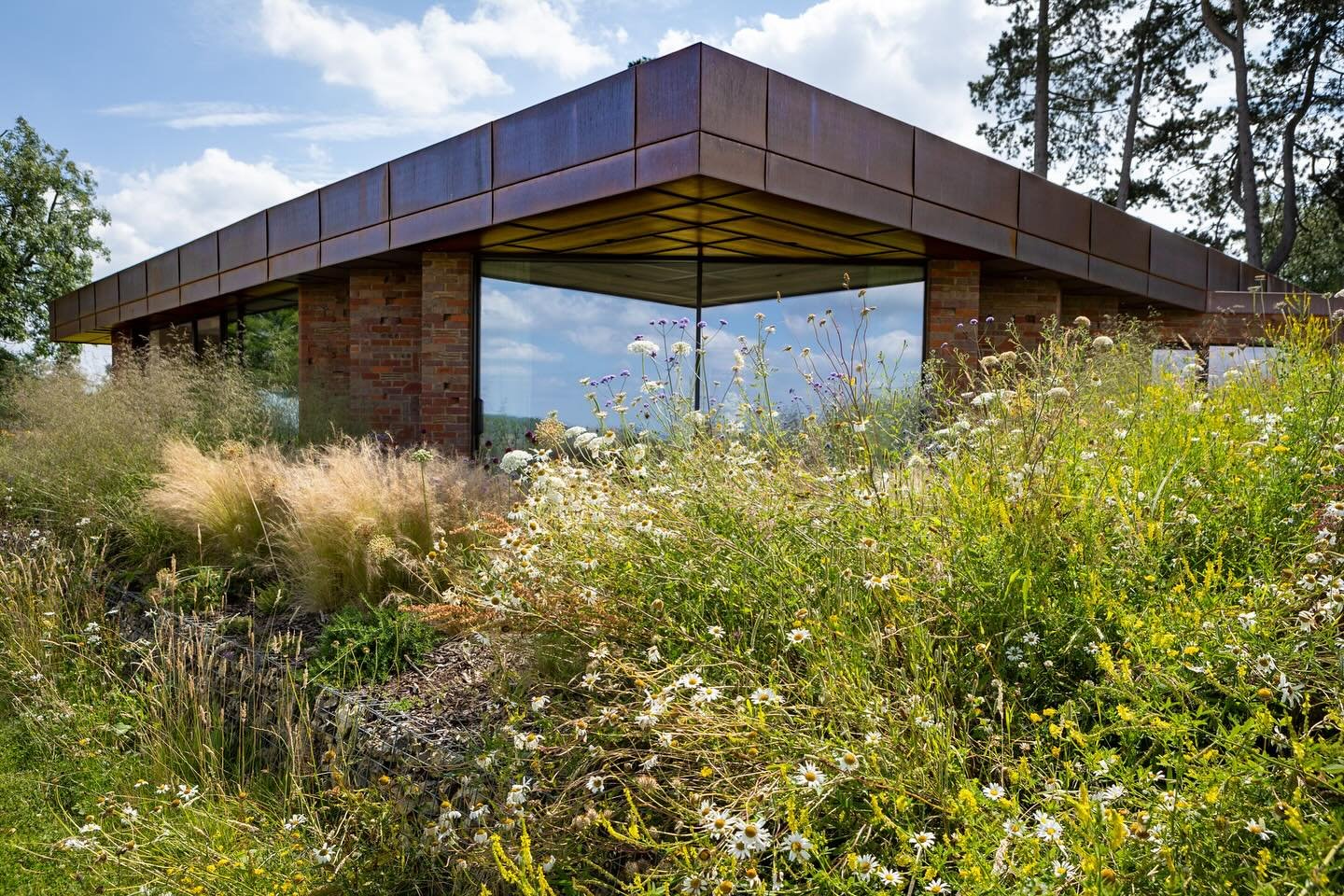 A modern house with a flat roof, brick walls, and large glass windows, surrounded by wildflowers and greenery under a partly cloudy sky.