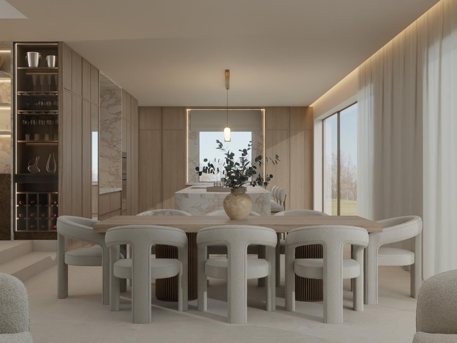 Modern dining room with a large wooden table, eight upholstered chairs, a vase with greenery, and open sliding glass doors with curtains leading to an outdoor view.