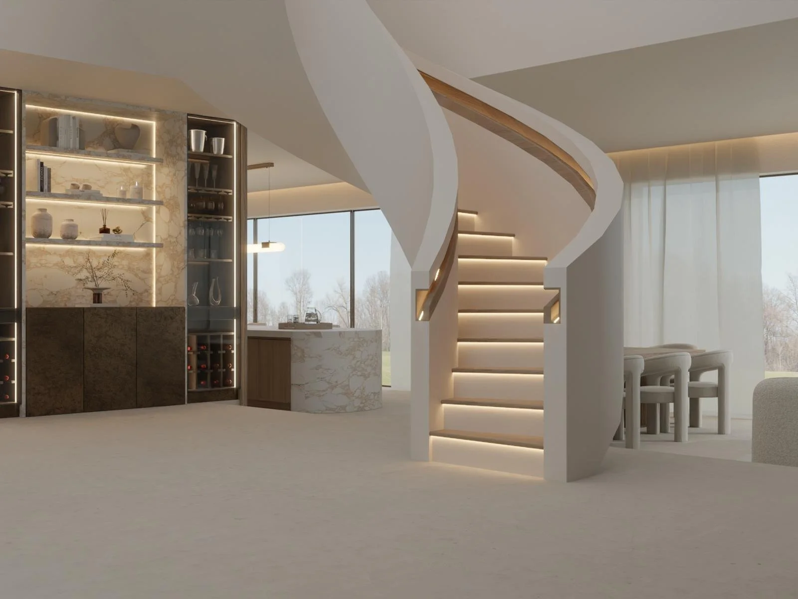 Modern staircase in a bright, minimalist living space with built-in lighting, next to a dining area with upholstered chairs and large windows with sheer curtains.