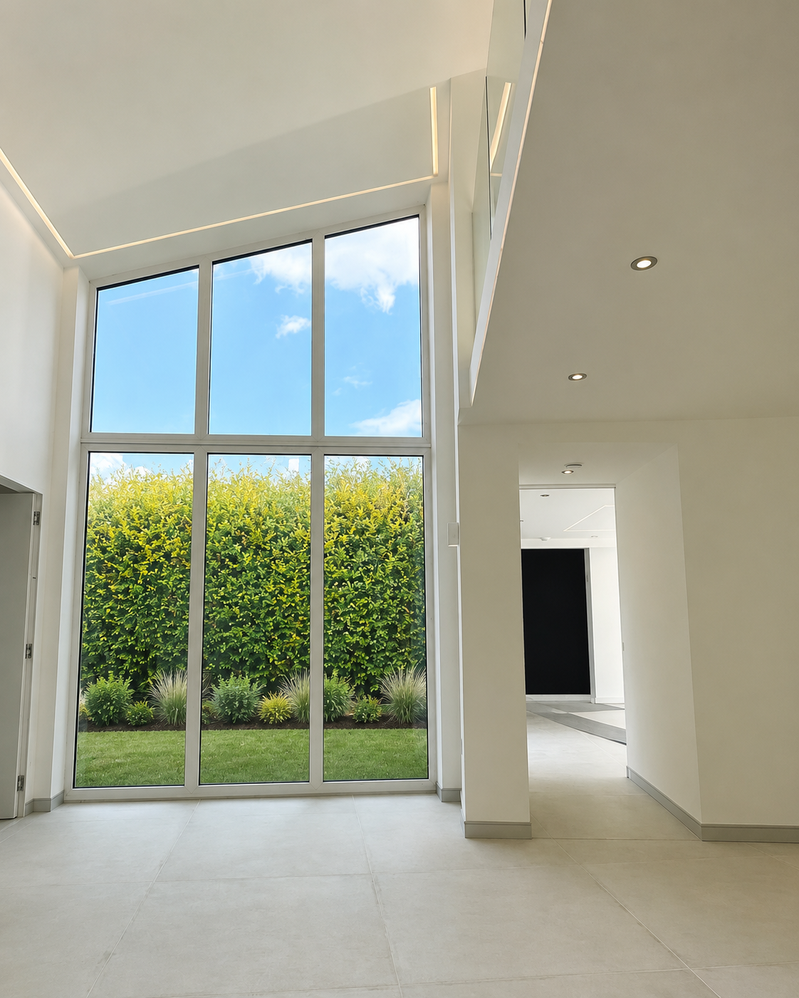Modern interior space with large floor-to-ceiling windows showing a garden and blue sky outside.