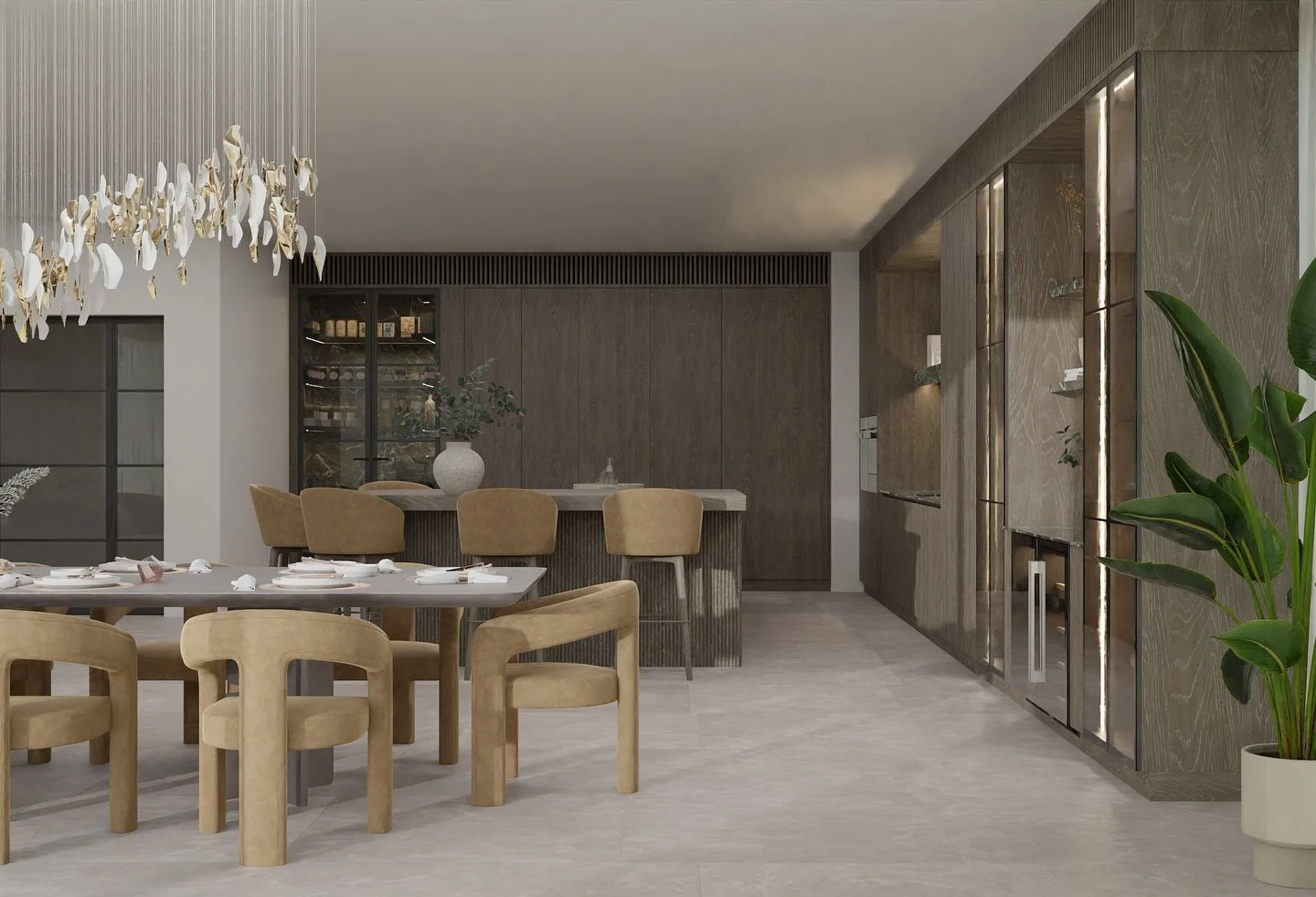Modern dining area with beige chairs around a large table, a chandelier with white and gold accents, a wooden cabinet, and potted plants.