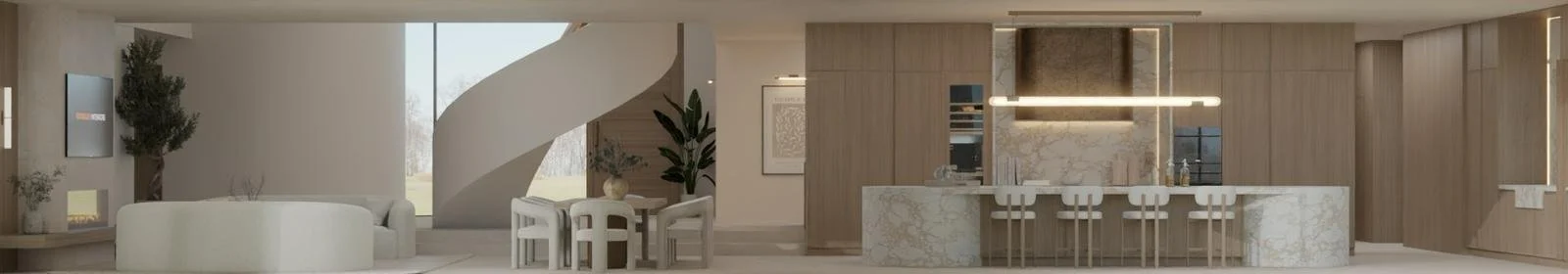 Modern kitchen and living area with white and wood finishes, a curved staircase, and natural lighting.