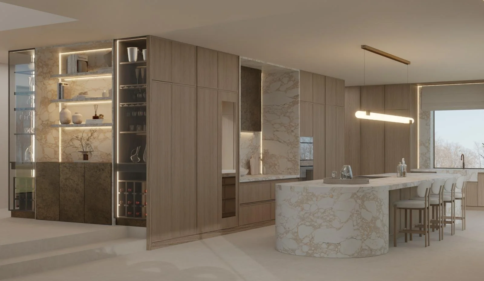 Modern kitchen with marble island, wooden cabinets, and open shelving with decorative items, illuminated by pendant lighting and natural light from a window.