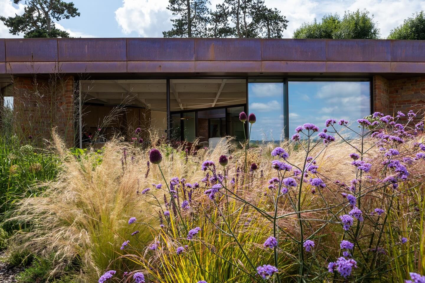 Modern house with large glass windows and a garden filled with purple and pink flowers.