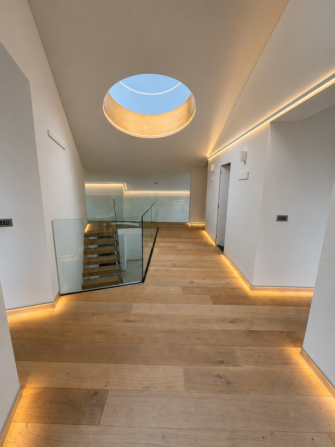Modern interior hallway with wooden flooring, white walls, glass railing staircase, circular skylight with blue sky, and subtle strip lighting along the ceiling and floor edges.