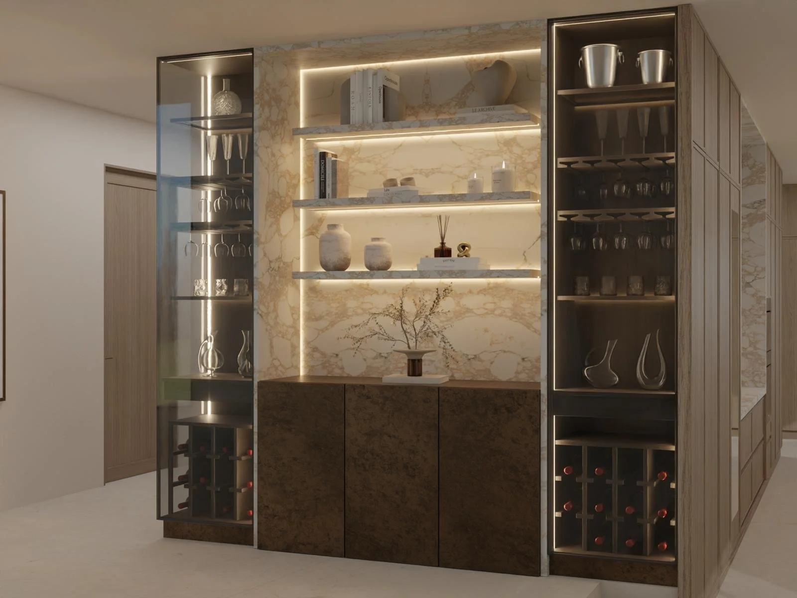 A modern kitchen display with marble backsplash, illuminated shelves with decorative objects, wine storage, and glassware.