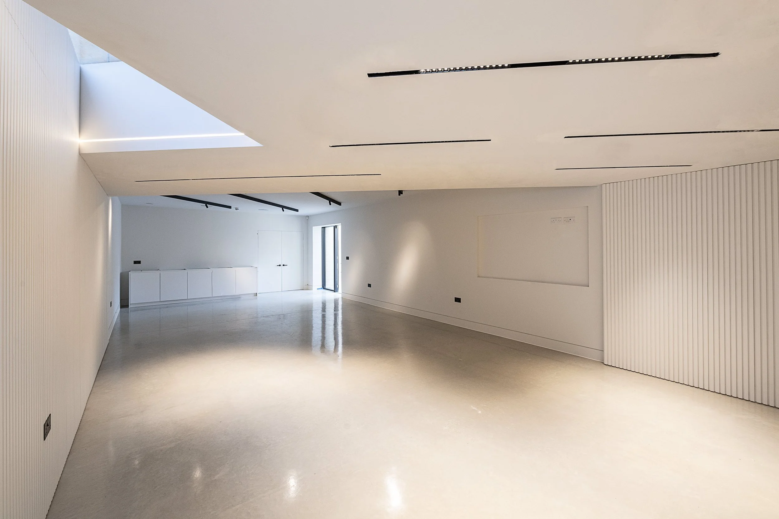 Empty modern white room with a skylight, black ceiling tracks, and a glass door.