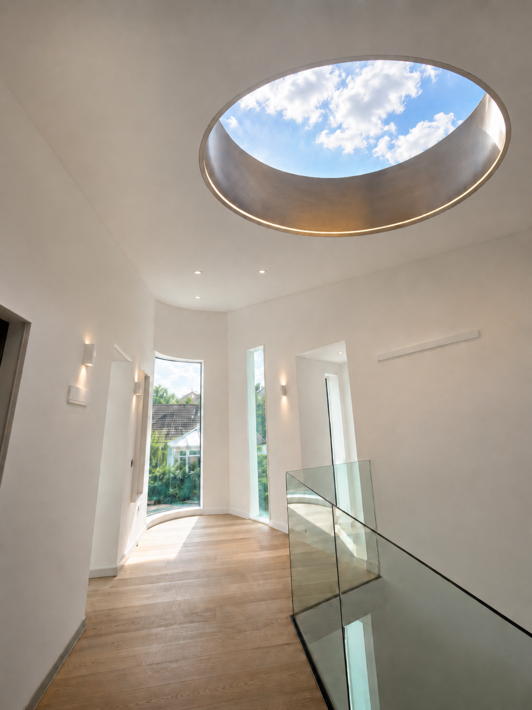 Modern interior hallway with wood flooring, white walls, large windows, and a circular skylight showing blue sky and clouds.