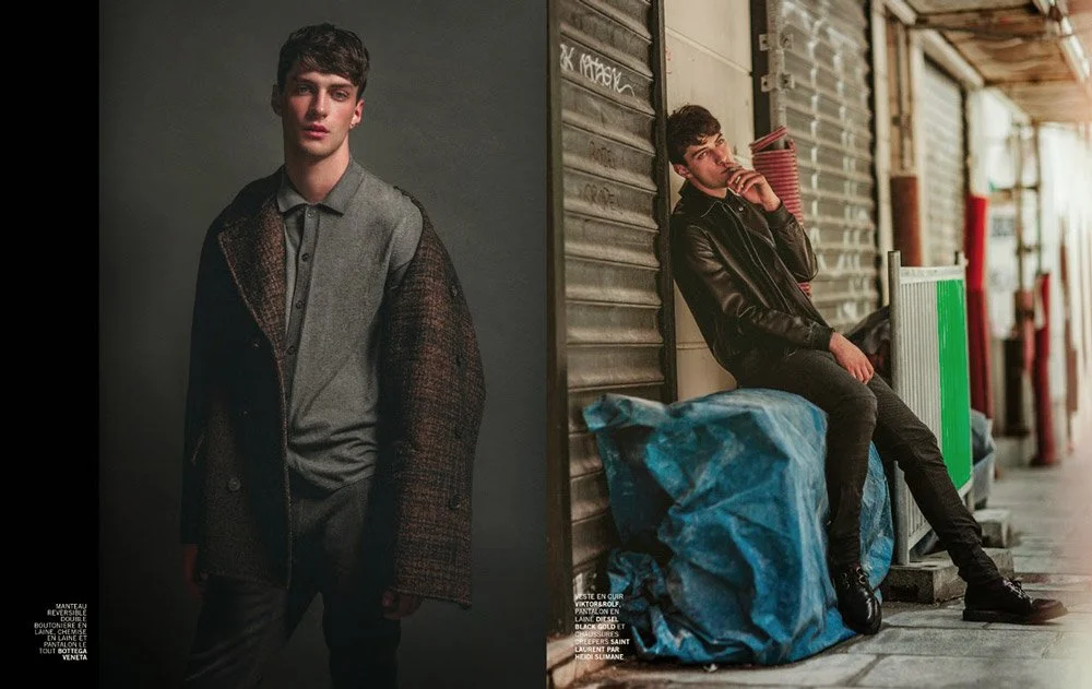 A side-by-side photo of a young man. The left side shows him dressed in a grey shirt and a patterned brown coat against a plain background. The right side shows him sitting on a blue bag outside, leaning against a wall, wearing a black leather jacket