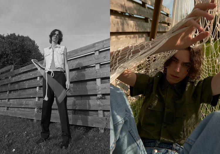 Split-screen photo of a young woman in two different settings. On the left, a black-and-white image of her standing outdoors near a wooden fence, wearing a sleeveless top and loose pants, holding a bag strap. On the right, a color image of her sittin