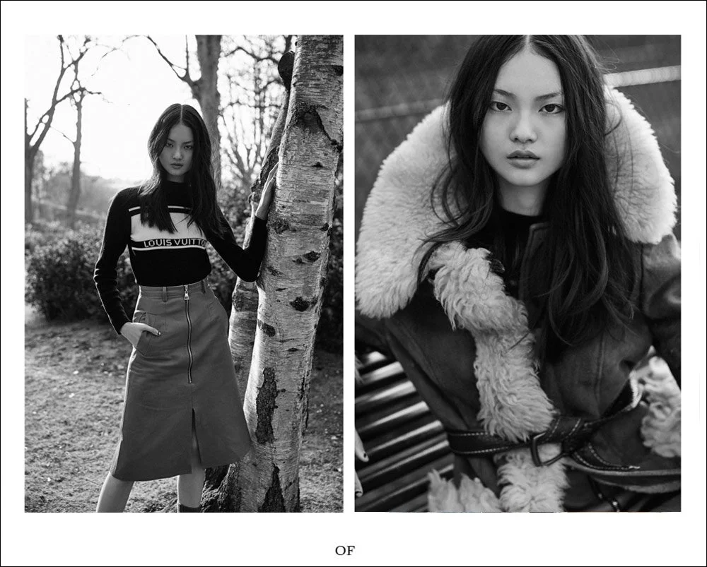 Two black-and-white portraits of a young woman. The left image shows her standing outdoors near a tree, wearing a Louis Vuitton sweater and a high-waisted skirt, with one hand on her hip. The right image is a close-up indoor shot of her with long hai