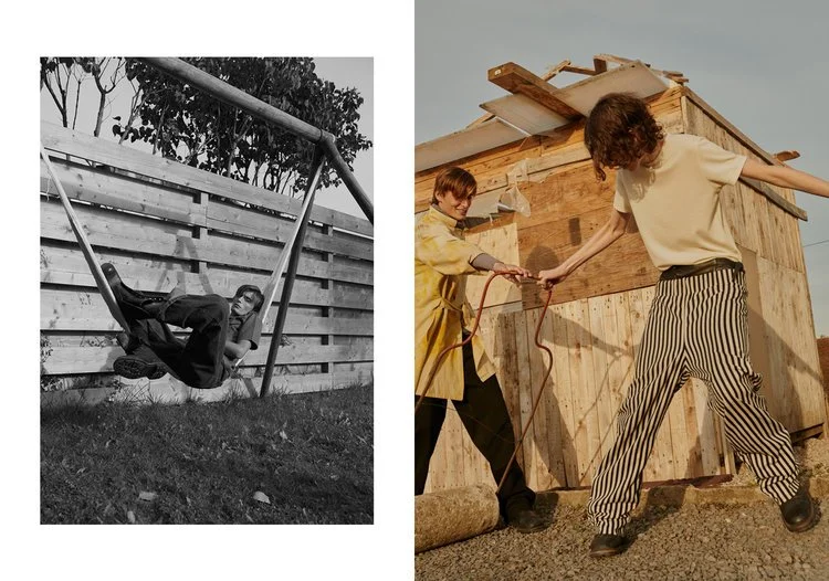 Side-by-side images of children playing. The left image is a black-and-white photo of a boy on a swing near a wooden fence, smiling. The right image is a color photo of two children building a wooden structure outdoors, one holding a hammer and the o