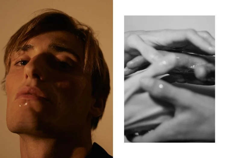 A young man with light brown hair and a serious expression on his face, partially illuminated with shadows, next to an abstract black and white photo of intertwined hands.