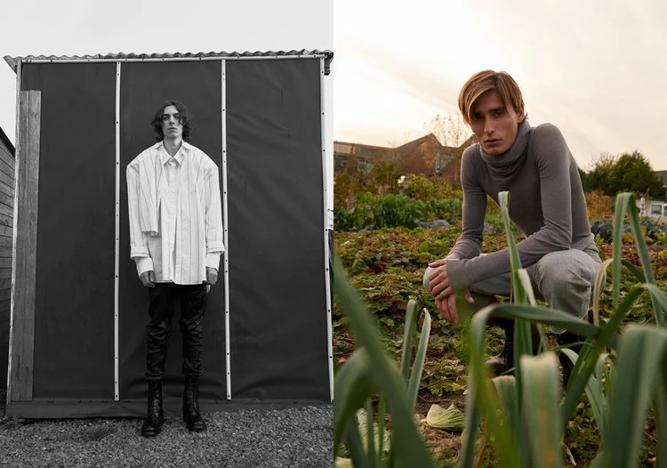 A split-screen image featuring a person on the left standing against a black backdrop in black and white, and a person on the right crouching in a garden with green plants and a house in the background in color.