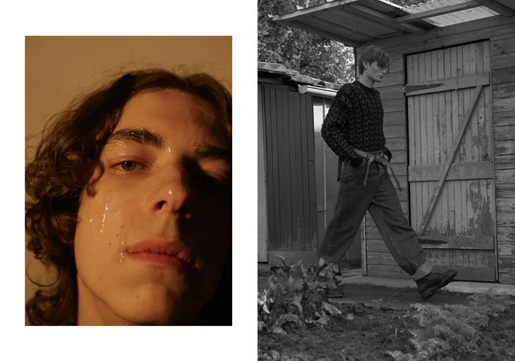 Side-by-side photos of two young men. The left photo shows a young man with curly hair, tears on his face, and a serious expression. The right photo shows a young man with short hair, walking in front of a wooden shed, wearing a patterned sweater and