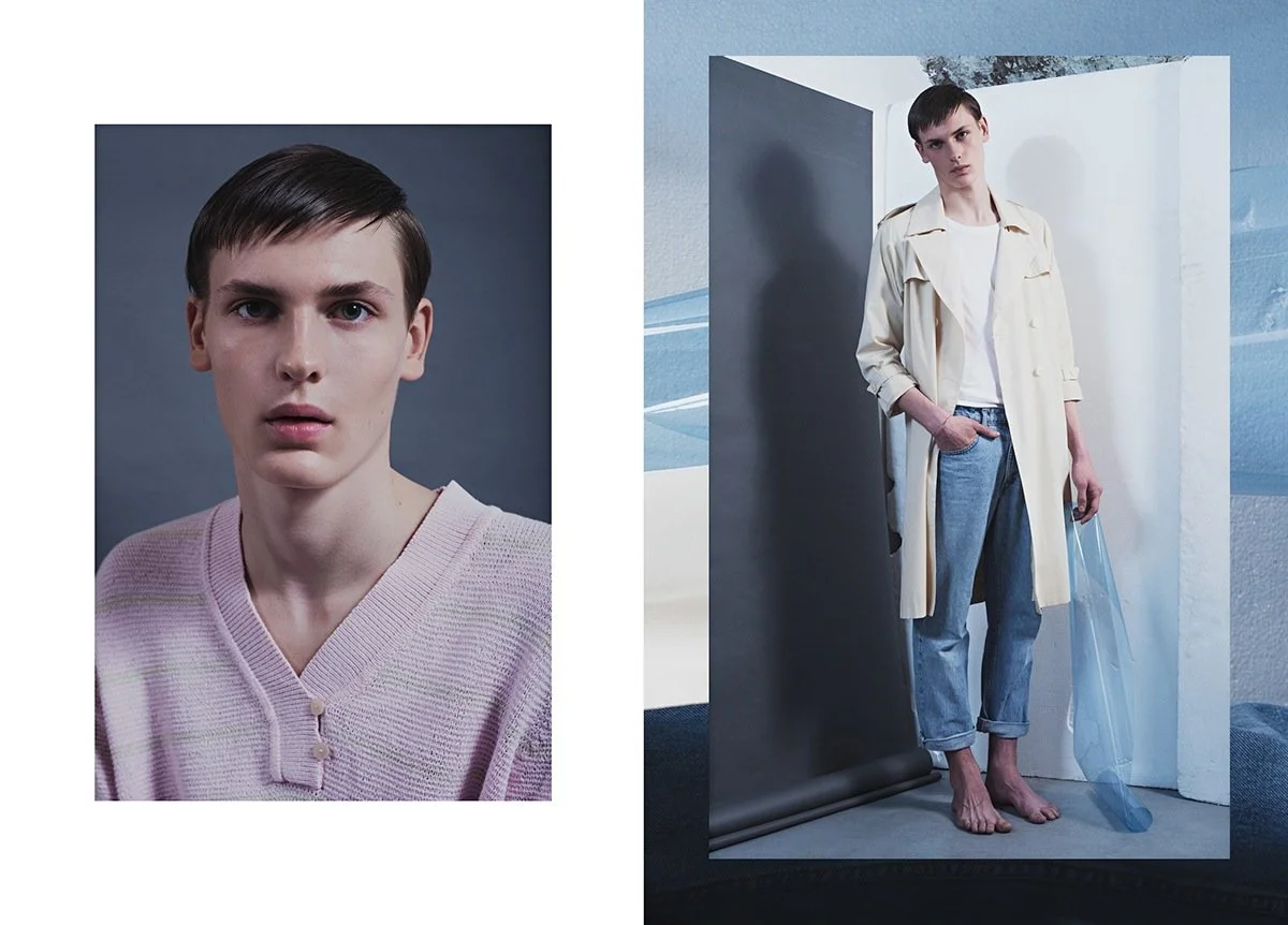 Side-by-side portraits of a young man with short dark hair. The left image shows him facing forward with a surprised expression, wearing a pink textured sweater. The right image shows him standing in a room with minimal decor, wearing a white t-shirt