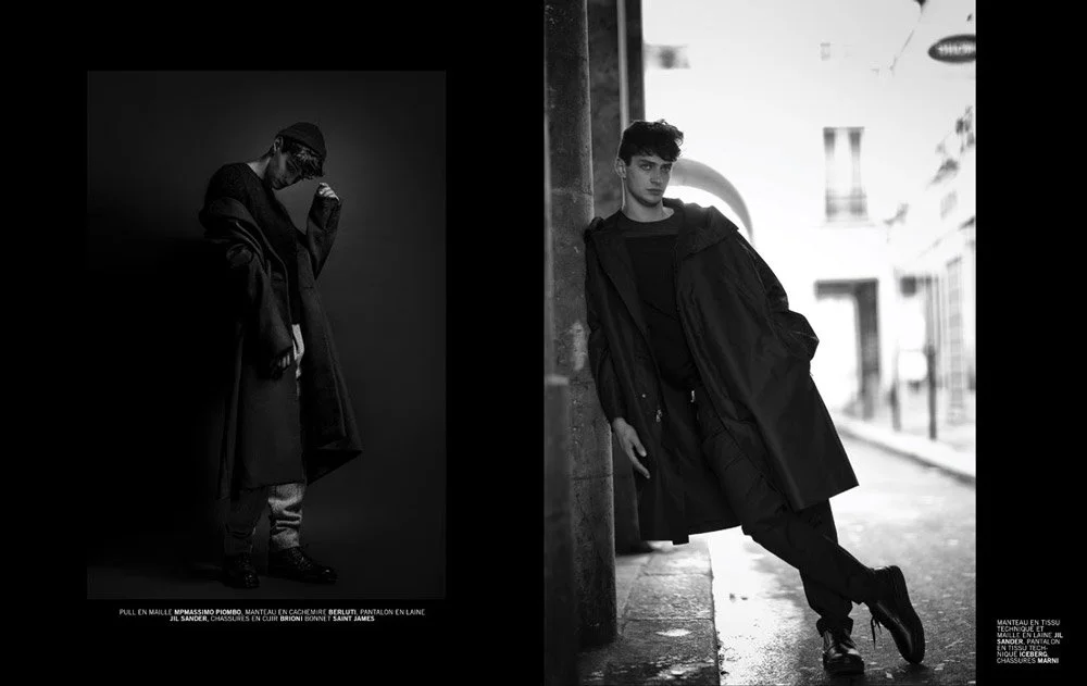 A black and white side-by-side portrait of a man in fashionable clothing, including a long coat, in a minimalist studio and outdoor setting.