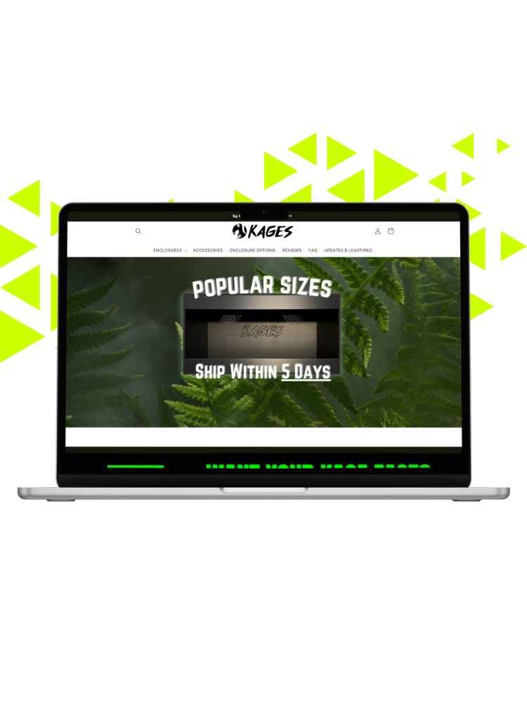 A laptop displaying a website for KAGES with a banner that says "Popular Sizes Ship Within 5 Days," against a background of green fern leaves.