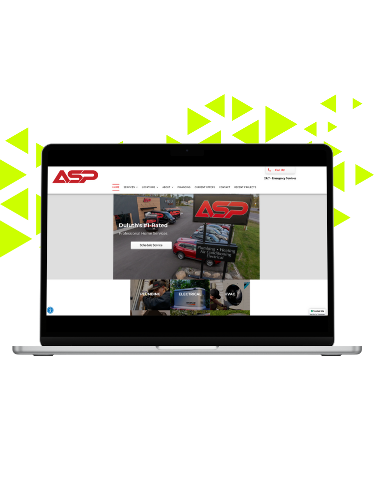Laptop displaying the homepage of ASP, a home service company, with images of service trucks and signs for plumbing, electrical, and HVAC services.