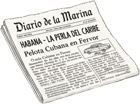 A black and white photograph of a folded newspaper titled 'Diario de la Marina' with headlines about Havana and Cuba, and an illustration of a vintage car.