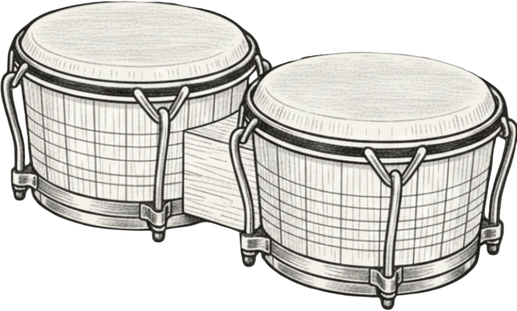 Black and white drawing of two conga drums connected by a small block.