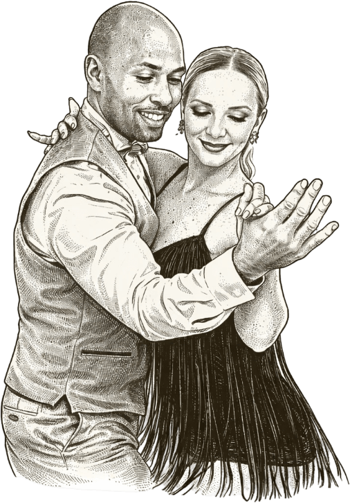 A man and woman dancing closely, with the man in a suit and the woman in a dress, smiling and looking at their hands.