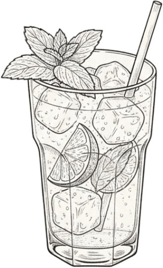 A glass of iced beverage with lemon slices, mint leaves, ice cubes, and a straw.