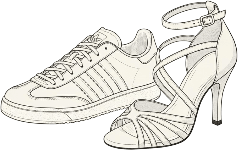 A white athletic sneaker and a white high-heeled sandal with straps.