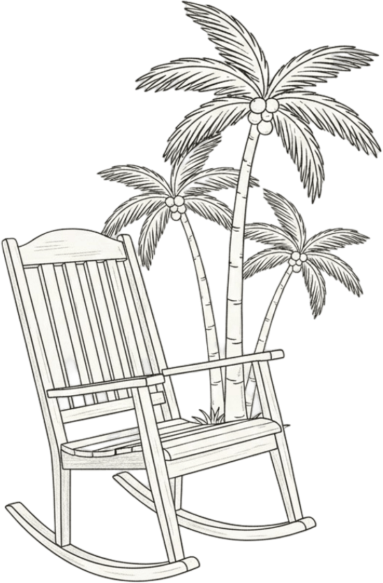 A black and white illustration of a wooden rocking chair and three palm trees.