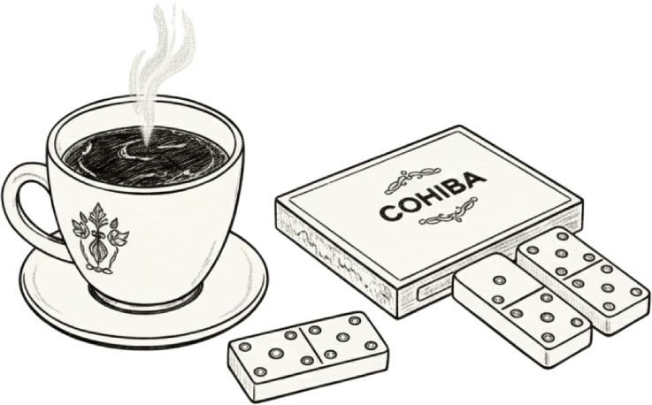 Black and white illustration of a coffee cup with steam, a box of cochiba cigars, and two domino tiles.