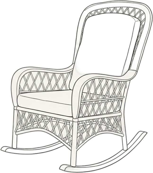 Outline of a wicker rocking chair with a cushioned seat and backrest.