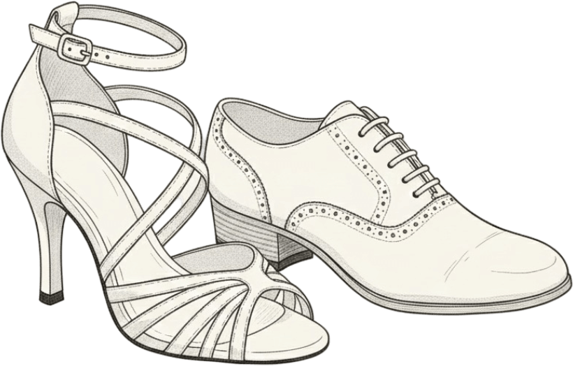 A pair of women's high heel sandals with straps and a closed-toe men's dress shoes with laces and decorative stitching