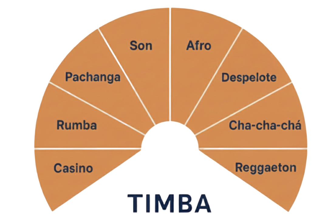 A semi-circular chart segmented into sections labeled Son, Afro, Despelote, Cha-cha-chá, Reggaeton, Casino, Rumba, Pachanga, and Son. The chart has a red segment on top and the word "EMBA" is partially visible at the bottom.