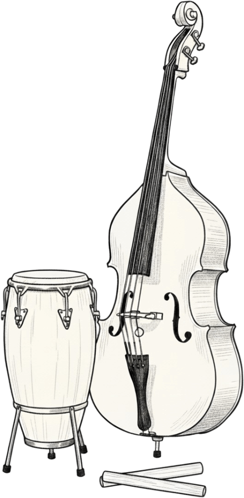 Drawing of a double bass, a conga drum, and two drumsticks.