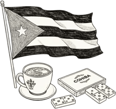 Drawing of the Puerto Rican flag next to a cup of coffee with a saucer and a box of dominoes.