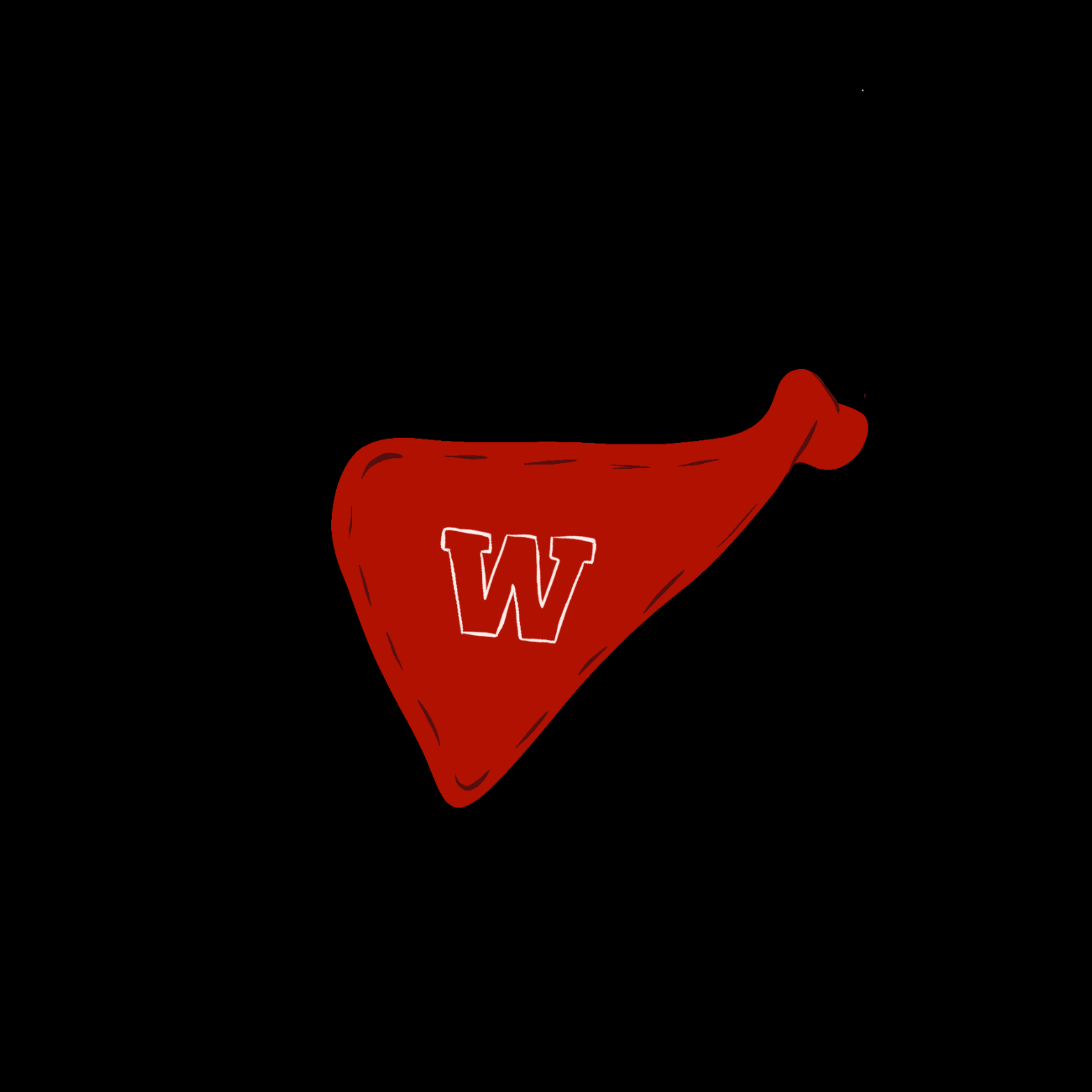 A black-and-white drawing of a pig with a red bandana that has a white W on it.