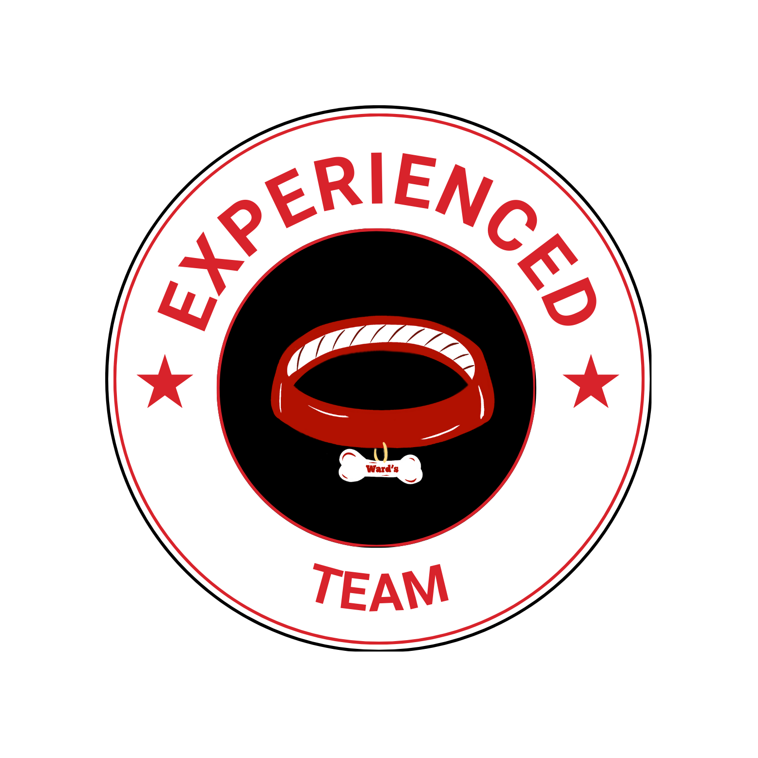A circular badge with a white background, red stars, and red text that reads 'Experienced Team'. In the center, there is a red dog collar with a bone-shaped tag that says 'Ward's'.