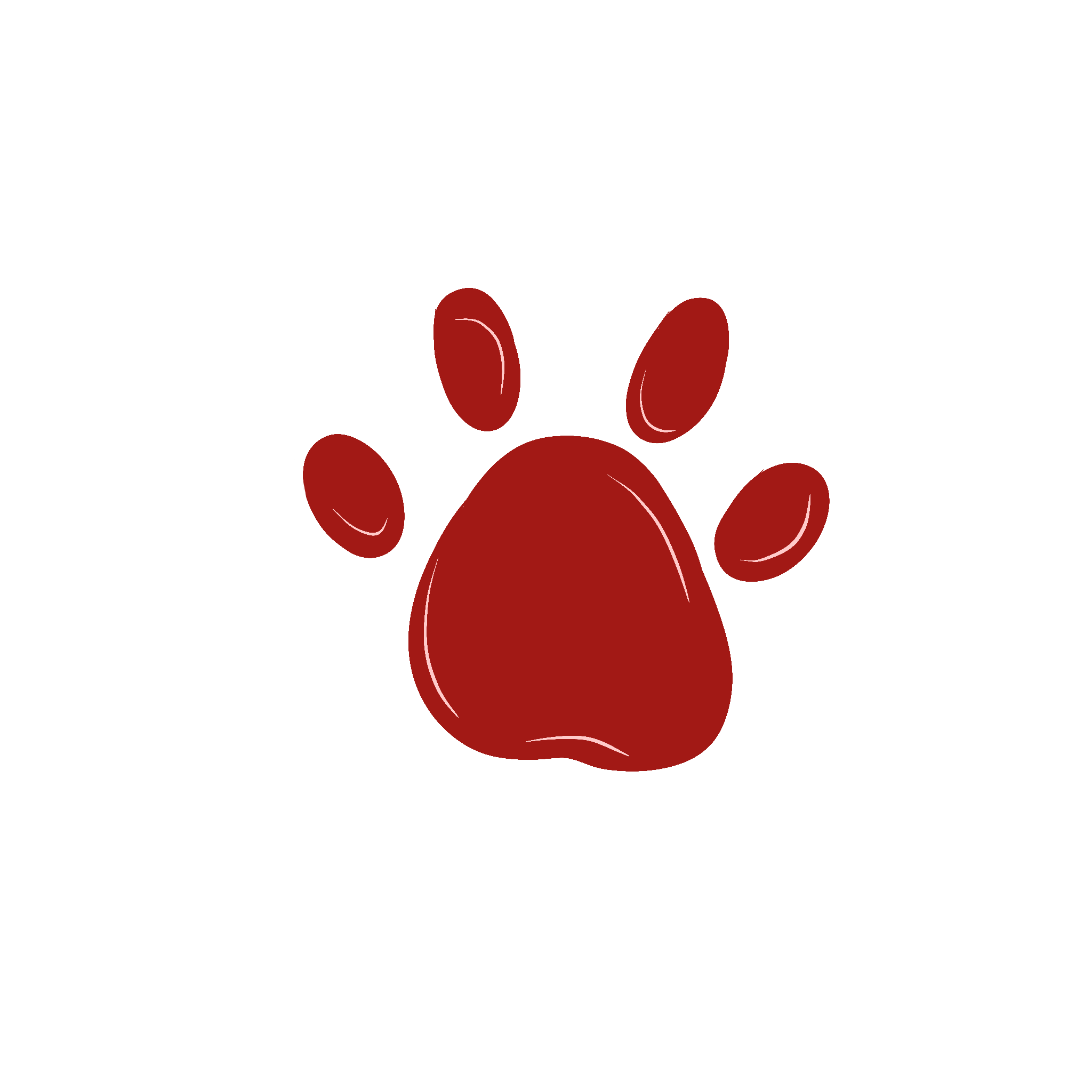 A red paw print with four toes and a pad, all filled with a solid red color and white highlight accents.