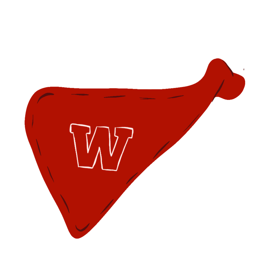 Drawn illustration of a red bandana with a white letter 'W' in the center.