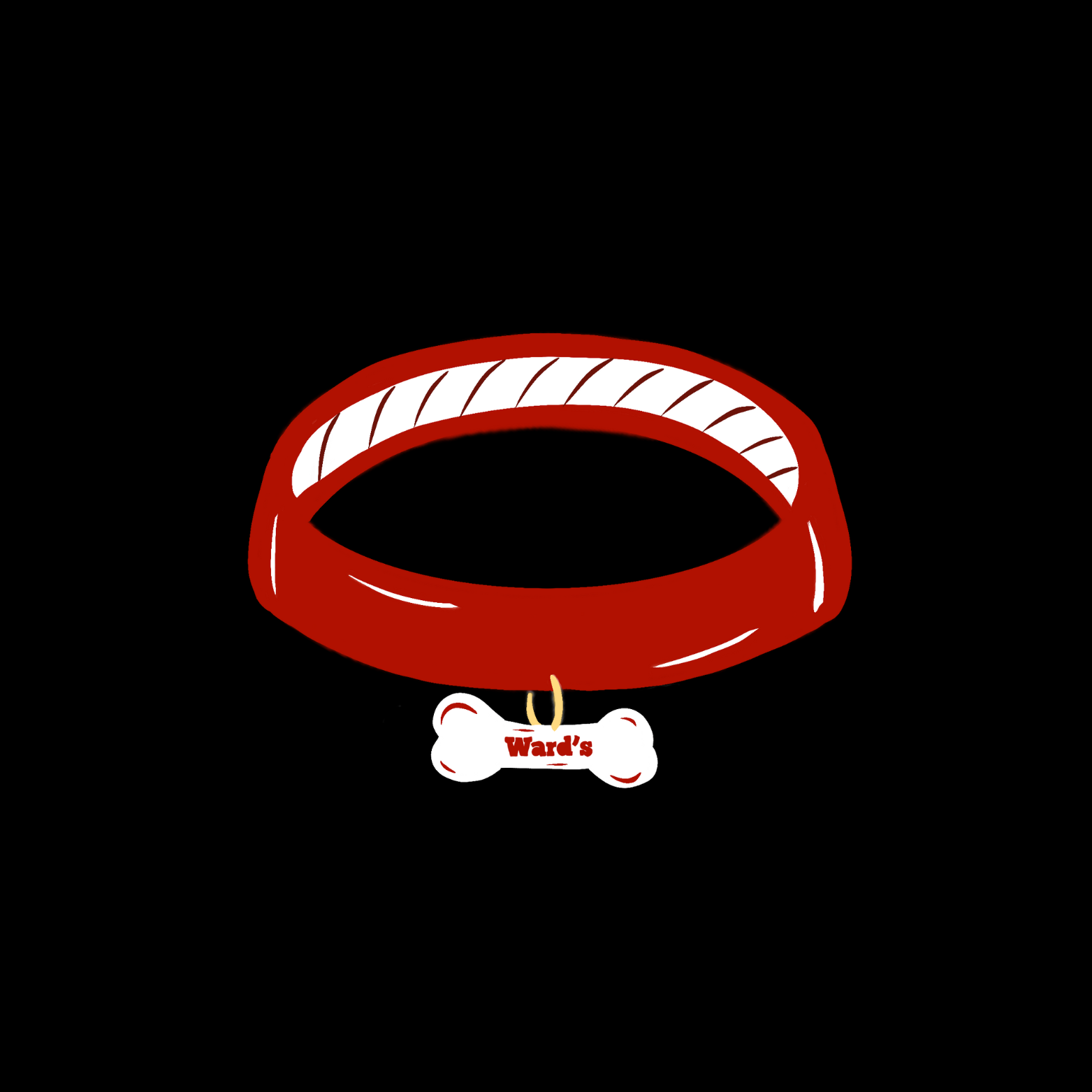Red dog collar with a white bone-shaped tag that has 'Ward's' written on it, set against a black background.