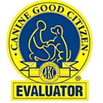 Cannie Good Citizen Evaluator badge with a blue and yellow design, featuring a seated figure and the number 4K.