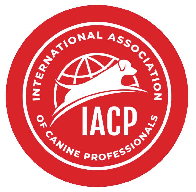 Red circular logo with white text and graphics, featuring a globe and a dog, representing the International Association of Canine Professionals (IACP).